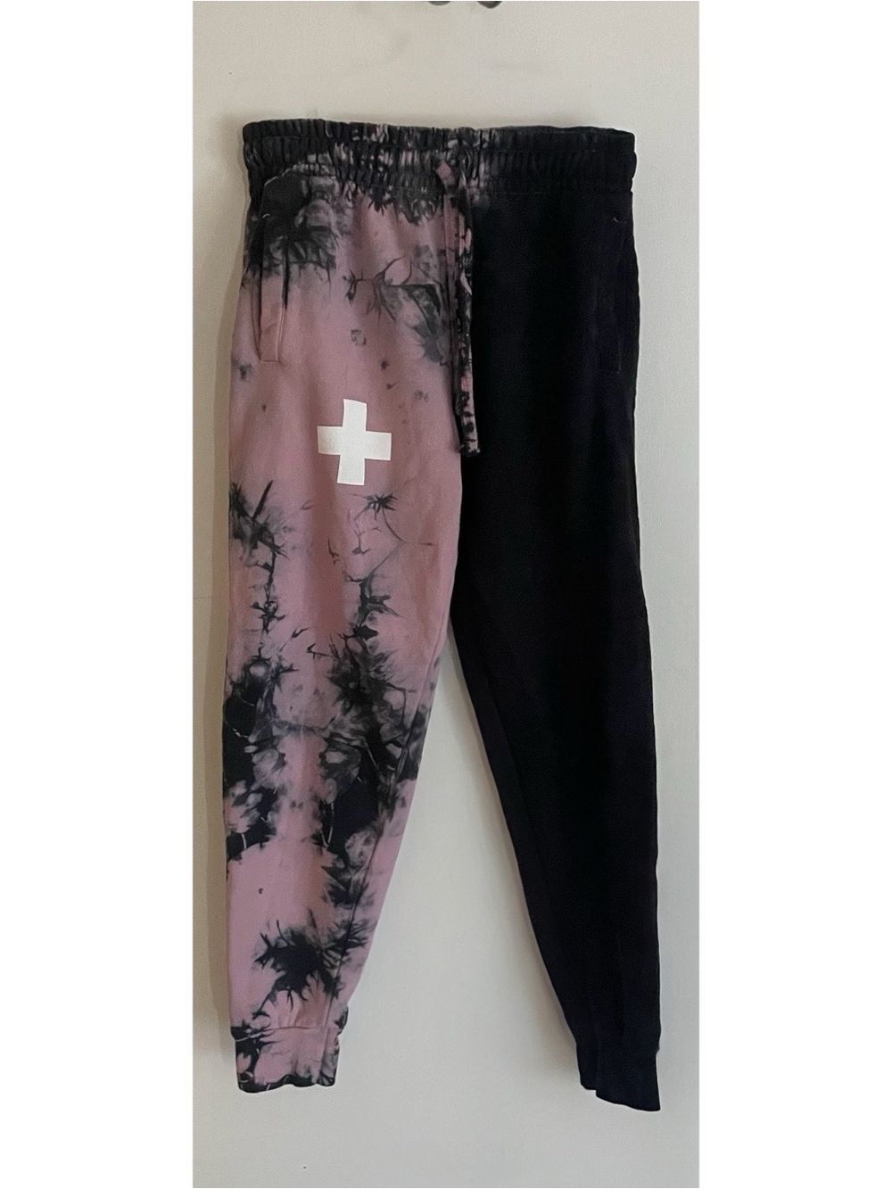 Split Purple Tie-Dye & Black Joggers with White Cross Accent